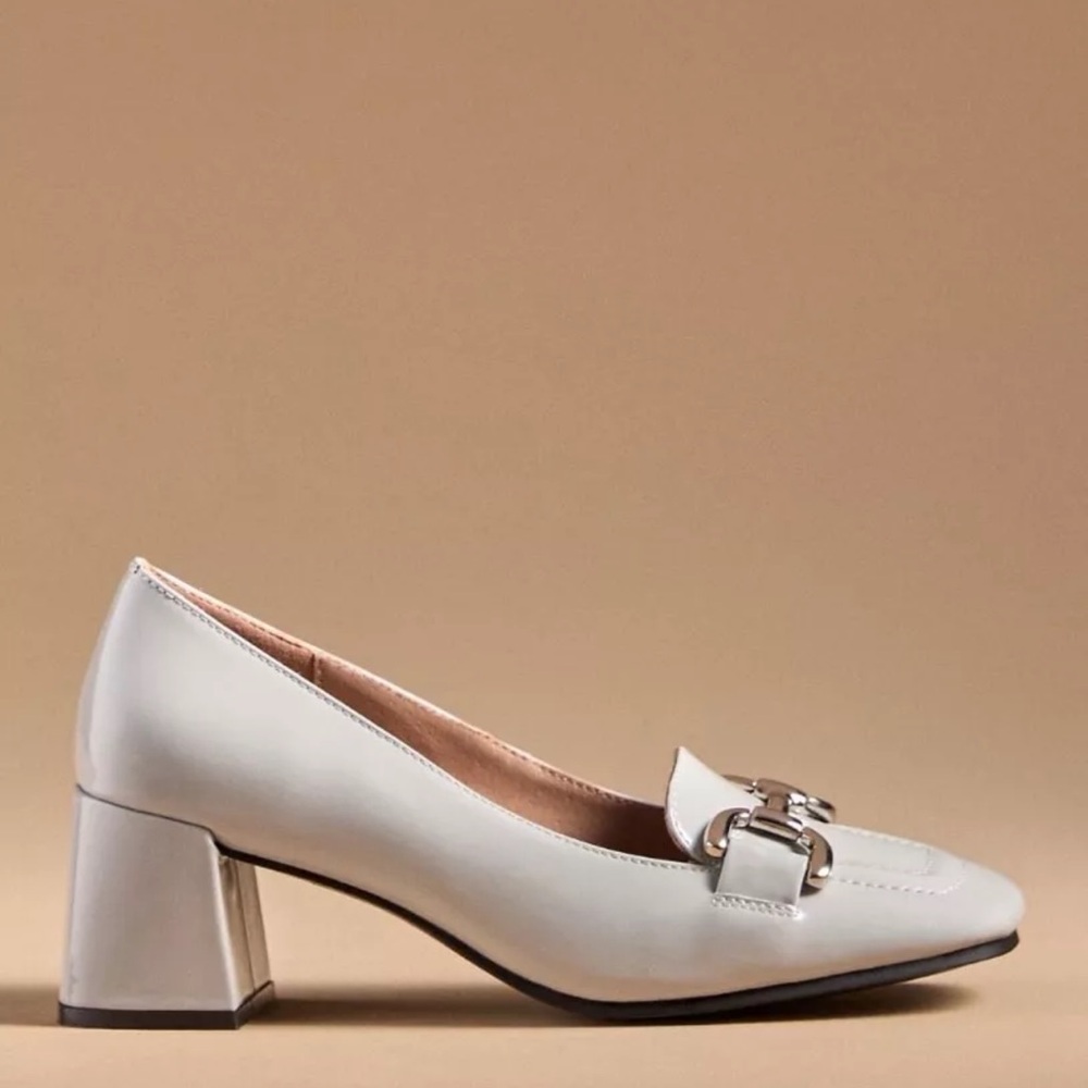 Anthropologie Bibi Lou Valencia Heel Loafer Light Gray Patent Leather